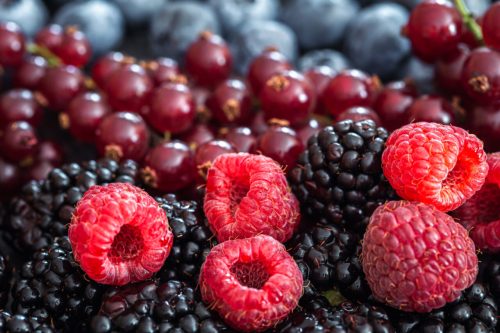 Background from a mix of different forest berries, macro shot.